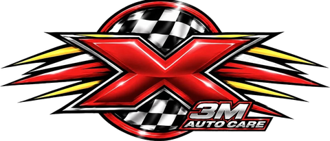 X3M Auto Care logo featuring a red X with yellow lightning bolts and checkered flag circles